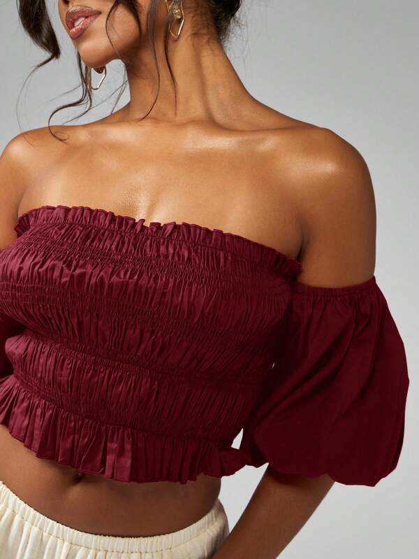 Missguided MISSGUIDED Shirred Bandeau Top With Puff Sleeves And Ruched Detail
