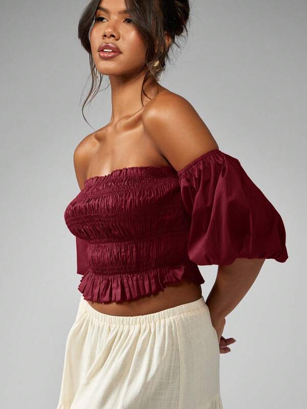 Missguided MISSGUIDED Shirred Bandeau Top With Puff Sleeves And Ruched Detail