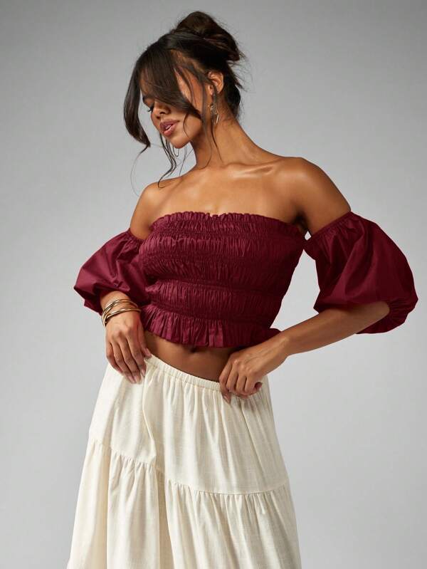 missguided MISSGUIDED Shirred Bandeau Top With Puff Sleeves And Ruched Detail
