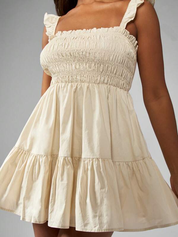 Missguided MISSGUIDED Shirred Bodice Ruffle Straps Tiered Skirt Cotton Poplin Mini Dress