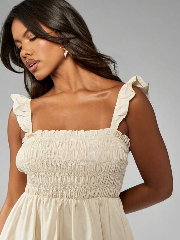 Missguided MISSGUIDED Shirred Bodice Ruffle Straps Tiered Skirt Cotton Poplin Mini Dress