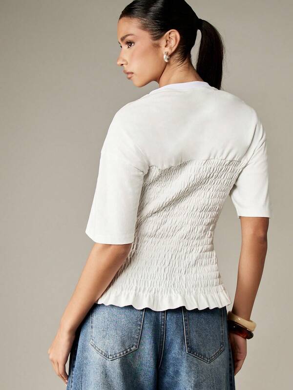 Missguided MISSGUIDED Shirred Cotton T-Shirt With Ruffle Hem And Smocked Waist