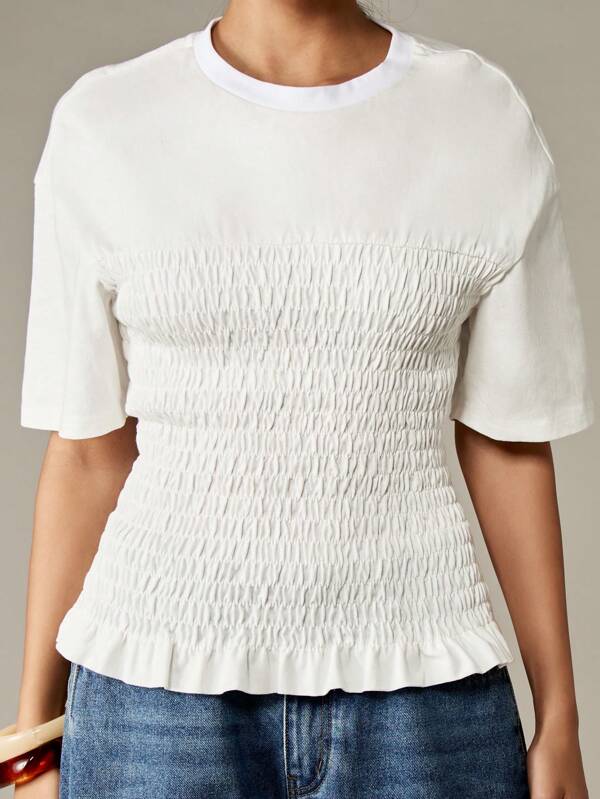 Missguided MISSGUIDED Shirred Cotton T-Shirt With Ruffle Hem And Smocked Waist