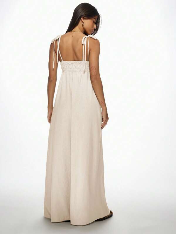 Missguided MISSGUIDED Shirred Empire Waist Linen Adjustable Spaghetti Straps Maxi Dress