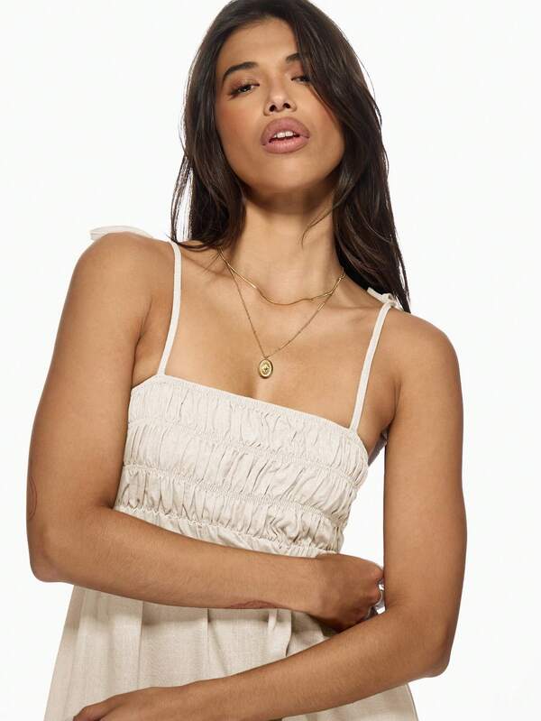 Missguided MISSGUIDED Shirred Empire Waist Linen Adjustable Spaghetti Straps Maxi Dress