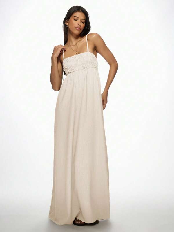 missguided MISSGUIDED Shirred Empire Waist Linen Adjustable Spaghetti Straps Maxi Dress