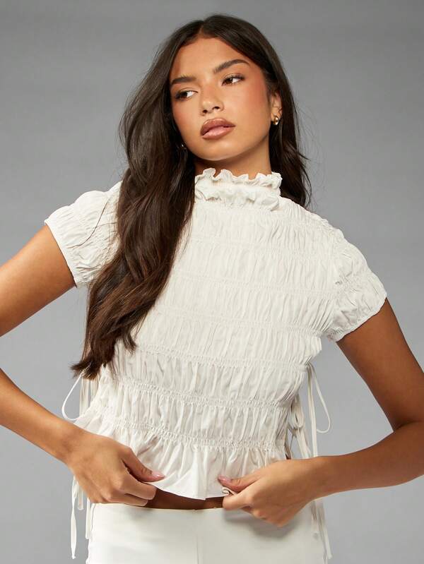 Missguided MISSGUIDED Shirred High Neck Crop Top With Side Ties