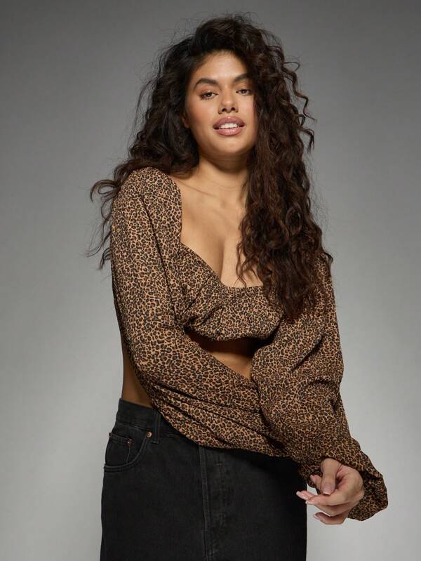 missguided MISSGUIDED Shirred Leopard Print Crop Top Long Sleeve Square Neck Blouse Style