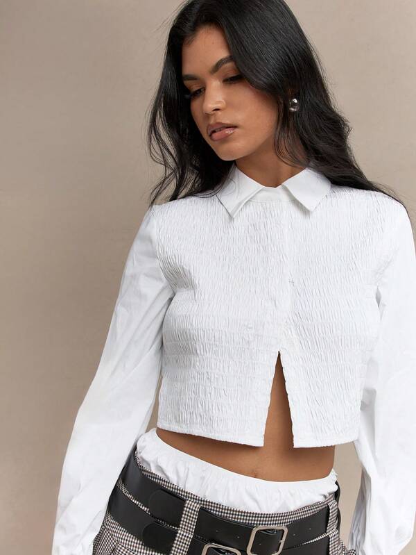 Missguided MISSGUIDED Shirred Long Balloon Sleeves Crop Shirt