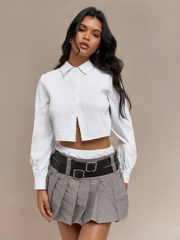 missguided MISSGUIDED Shirred Long Balloon Sleeves Crop Shirt