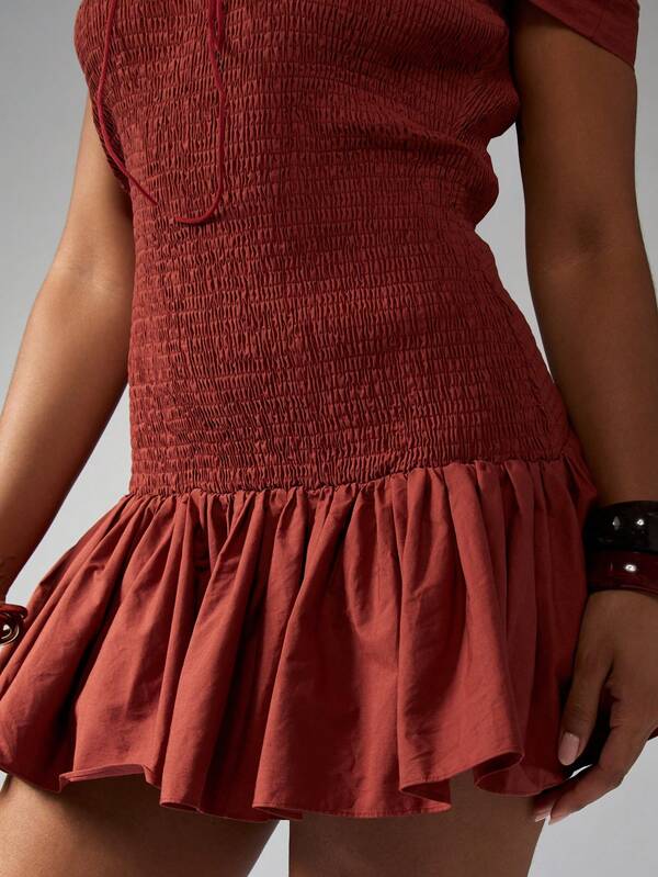 Missguided MISSGUIDED Shirred Poplin Mini Dress With Off Shoulder Smocked Bodice Ruffled Hem