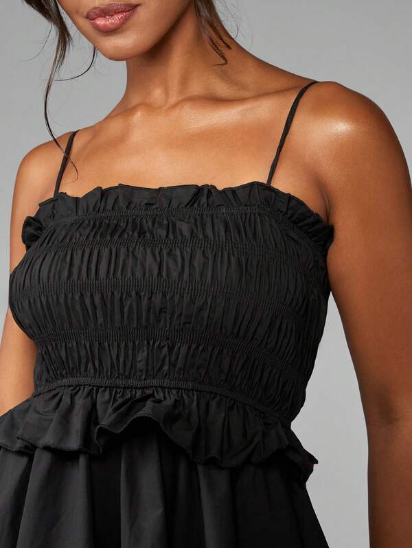 Missguided MISSGUIDED Shirred Poplin Smocked Ruffle Trim Mini Dress
