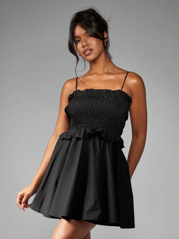 missguided MISSGUIDED Shirred Poplin Smocked Ruffle Trim Mini Dress
