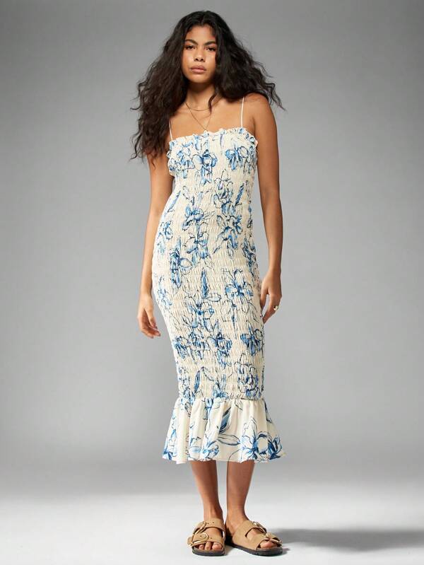 missguided MISSGUIDED Shirred Smocked Floral Bodycon Ruffle Hem Long Dress
