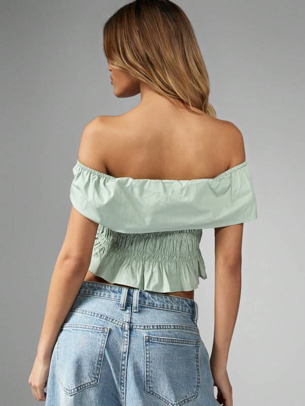 Missguided MISSGUIDED Shirred Smocked Off Shoulder Crop Top