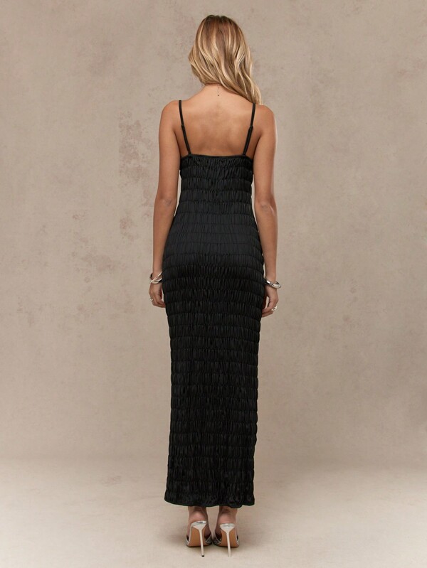 Missguided MISSGUIDED Shirred Smocked Tie Front Adjustable Straps Long Maxi Bodycon Dress
