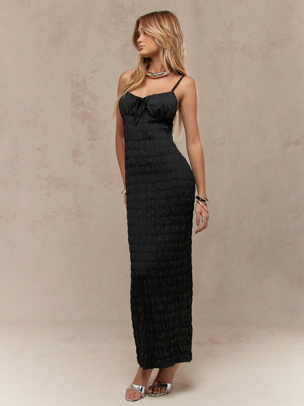 Missguided MISSGUIDED Shirred Smocked Tie Front Adjustable Straps Long Maxi Bodycon Dress