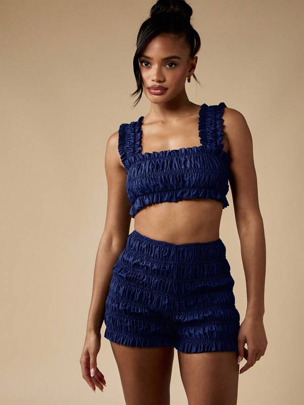 Missguided MISSGUIDED Shirred Square Neck Crop Top And Shorts With Ruffles