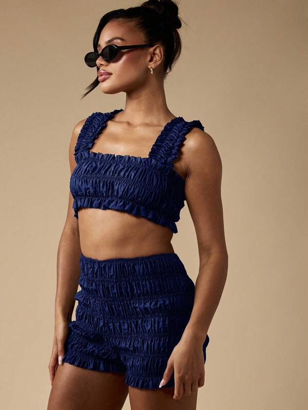 missguided MISSGUIDED Shirred Square Neck Crop Top And Shorts With Ruffles