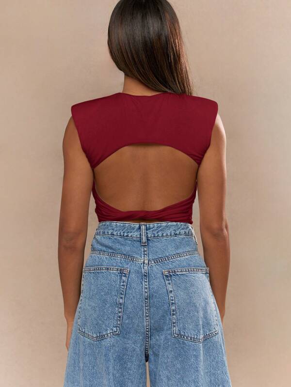 Missguided MISSGUIDED Shoulder Pad Sleeveless High Neck Fitted Crop Minimalist Chic Tank