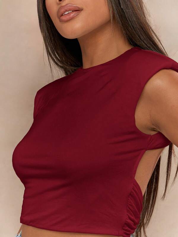 Missguided MISSGUIDED Shoulder Pad Sleeveless High Neck Fitted Crop Minimalist Chic Tank