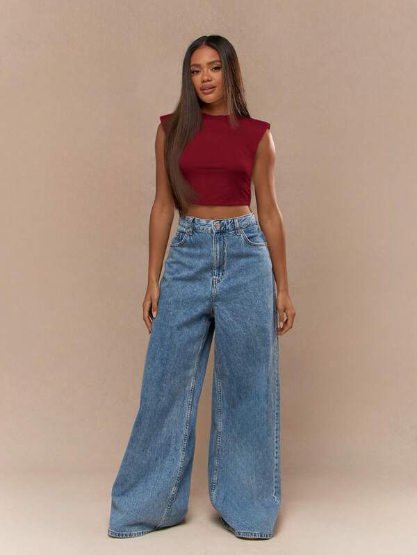 Missguided MISSGUIDED Shoulder Pad Sleeveless High Neck Fitted Crop Minimalist Chic Tank