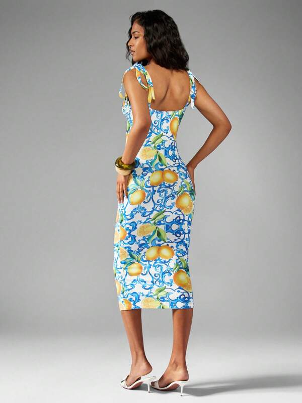 Missguided MISSGUIDED Shoulder Tie Italian Lemon Print Sweetheart Neckline Midi Dress