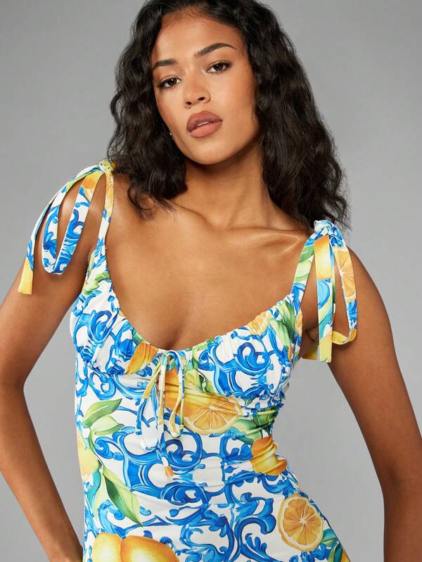 Missguided MISSGUIDED Shoulder Tie Italian Lemon Print Sweetheart Neckline Midi Dress