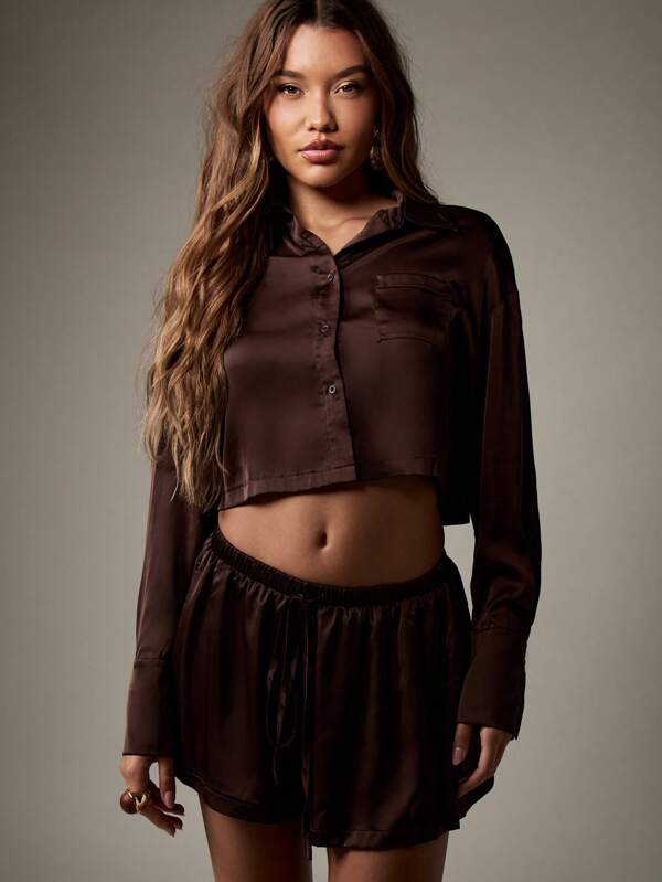 missguided MISSGUIDED Silky Luxe Flowy Long Sleeve Wide Leg Two Piece Set