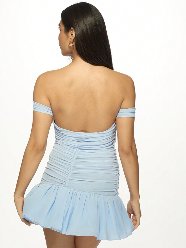 Missguided MISSGUIDED Sky Blue Ruched Mini Dress Off-Shoulder Cut-Out Detail