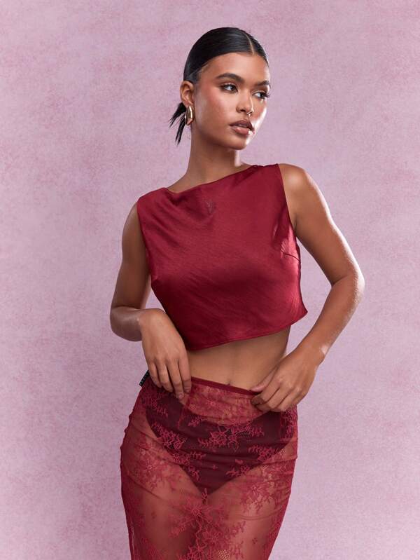 missguided MISSGUIDED Slash Neck Asymmetric Sleeveless Silky Crop Top