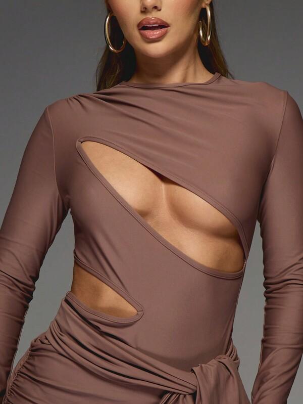 Missguided MISSGUIDED Slashed Cut Out Long Sleeves Ruched Bodycon Mini Dress