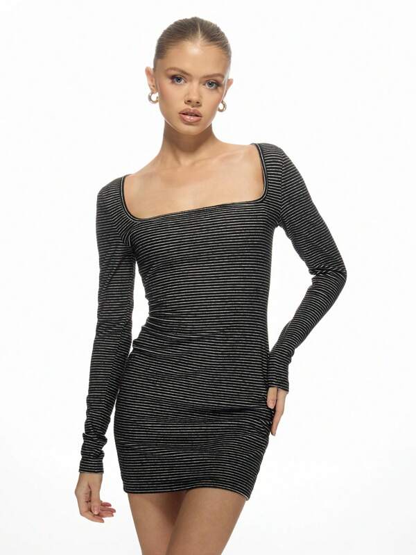 missguided MISSGUIDED Sleek Ribbed Bodycon Mini Dress With Square Neckline Long Sleeves