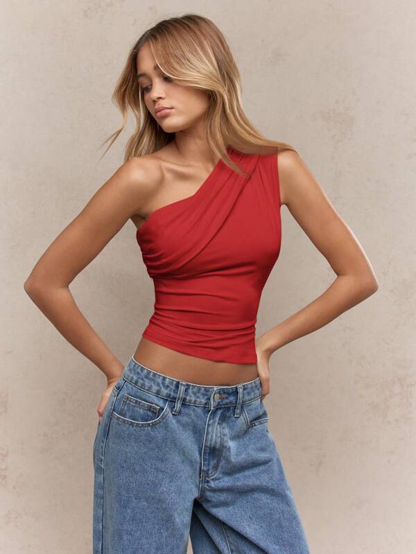 missguided MISSGUIDED Sleeveless Asymmetric One Shoulder Ruched Design Crop Top