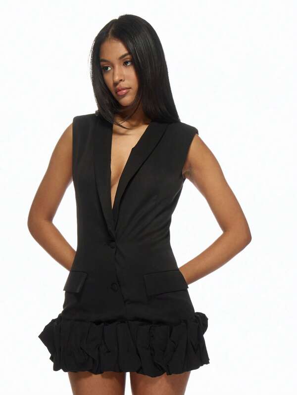 missguided MISSGUIDED Sleeveless Blazer Ruffle Hem Plunge Neck Mini Dress
