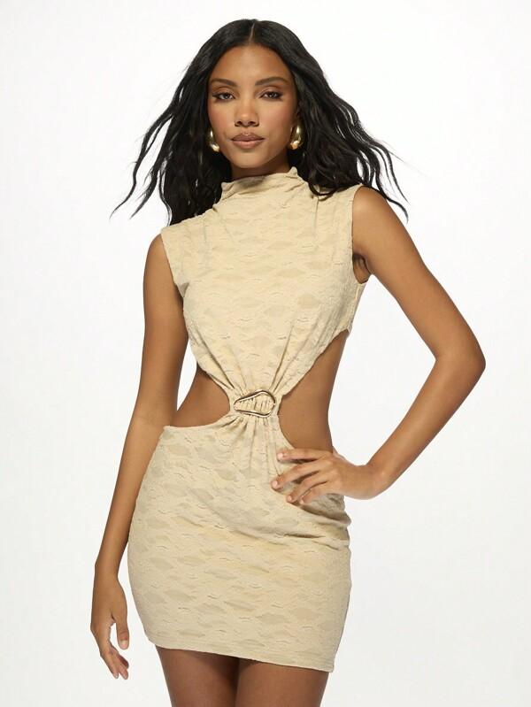 missguided MISSGUIDED Sleeveless Bodycon Mini Dress Mock Neck Textured Pattern