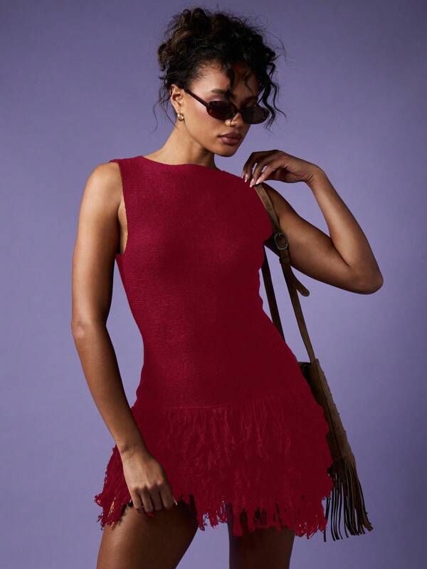 missguided MISSGUIDED Sleeveless Bodycon Mini Dress With Fringe Hem