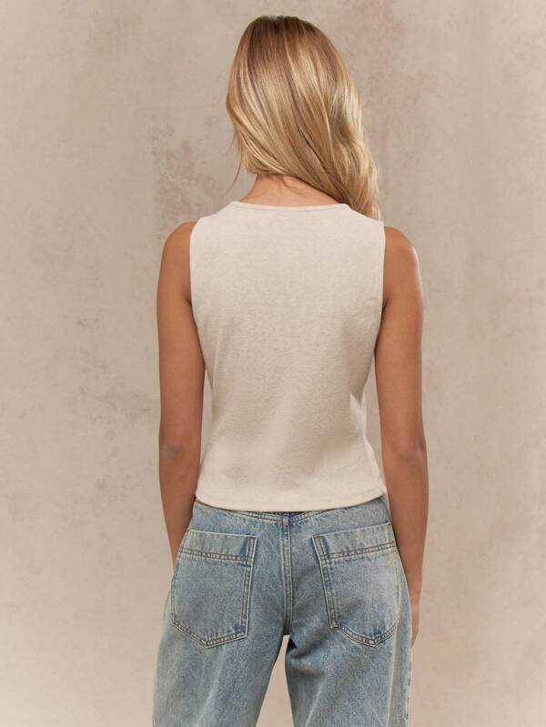 Missguided MISSGUIDED Sleeveless Button Down Ribbed Basic Fitted Stretchy Crew Neck Tank Top