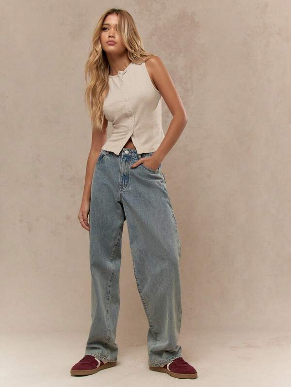 Missguided MISSGUIDED Sleeveless Button Down Ribbed Basic Fitted Stretchy Crew Neck Tank Top