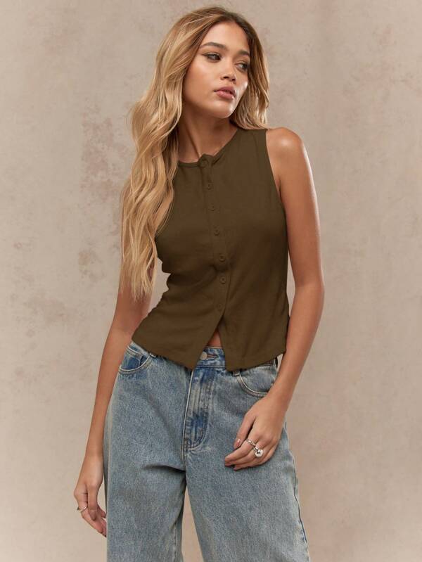 missguided MISSGUIDED Sleeveless Button Front Tailored Fitted Cropped Tank Top