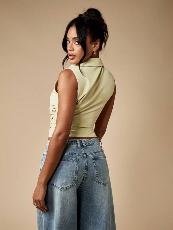 Missguided MISSGUIDED Sleeveless Collared Wrap Blouse With Ruched Side Detail