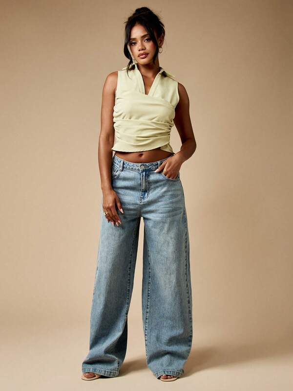 Missguided MISSGUIDED Sleeveless Collared Wrap Blouse With Ruched Side Detail