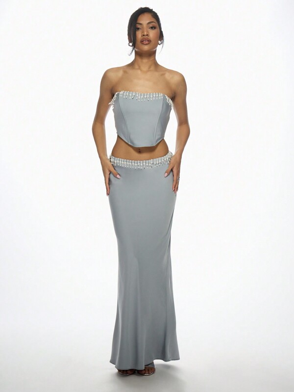 missguided MISSGUIDED Sleeveless Corset Top And Maxi Skirt Beaded Trim Set