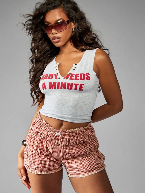 Missguided MISSGUIDED Sleeveless Crop Tank Top Slogan Graphic Grommet Front Ruched