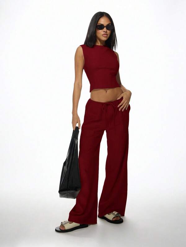 Missguided MISSGUIDED Sleeveless Crop Top And Wide Leg Pants With Back Ties