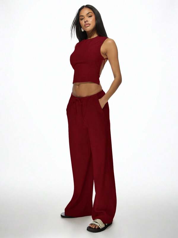 missguided MISSGUIDED Sleeveless Crop Top And Wide Leg Pants With Back Ties