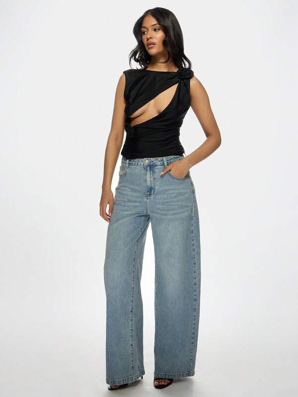 Missguided MISSGUIDED Sleeveless Cut-Out Asymmetrical Design Rose Detail Women Top