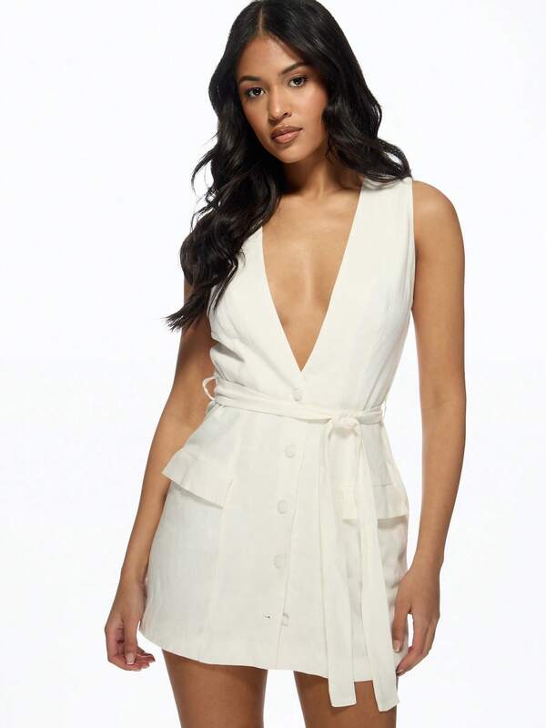 Missguided MISSGUIDED Sleeveless Deep V-Neck Button Front Empire Waist Wrap Style Mini Dress