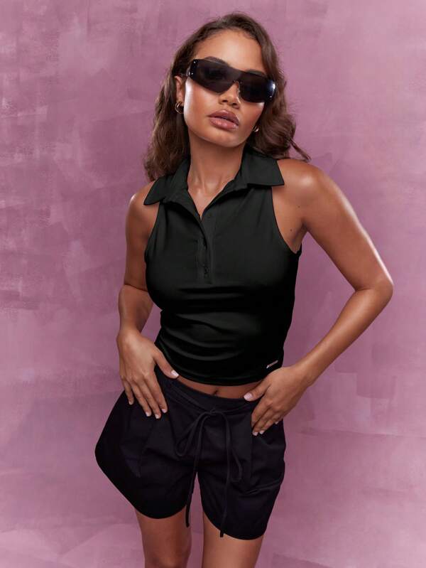missguided MISSGUIDED Sleeveless Fitted Polo Collared Crop Tank Top