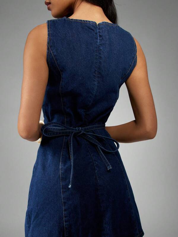 Missguided MISSGUIDED Sleeveless Fitted Shift Style Denim Mini Dress Back Tie Waist Detail